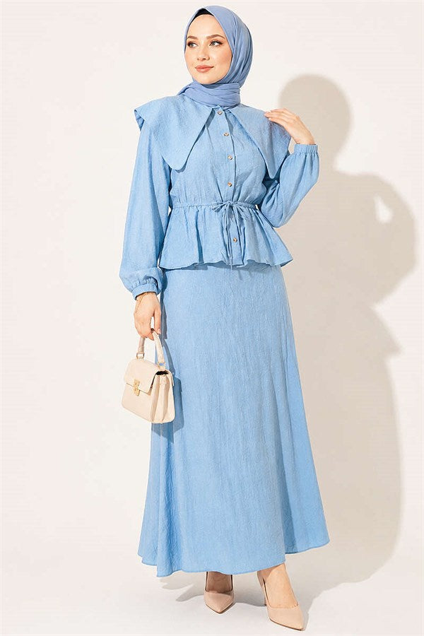 Sailor Collar Two-Piece Set with Drawstring Skirt, Blue