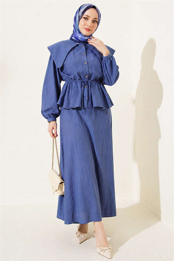 Sailor Collar Two-Piece Set with Drawstring Skirt, Indigo