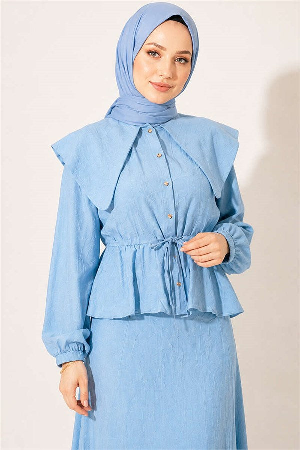 Sailor Collar Two-Piece Set with Drawstring Skirt, Blue