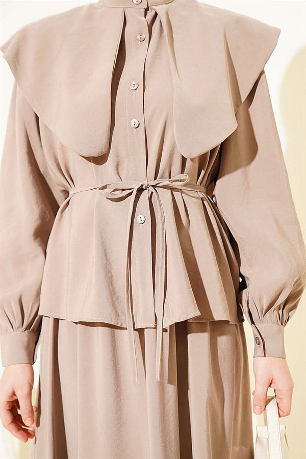 Sailor Collar Set with Tencel Skirt and Drawstring, Mink Color