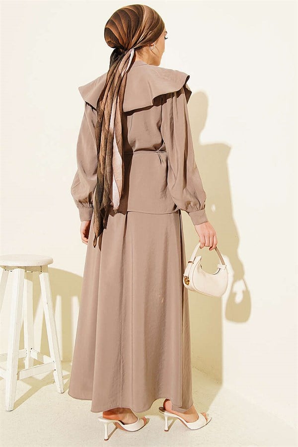 Sailor Collar Set with Tencel Skirt and Drawstring, Mink Color