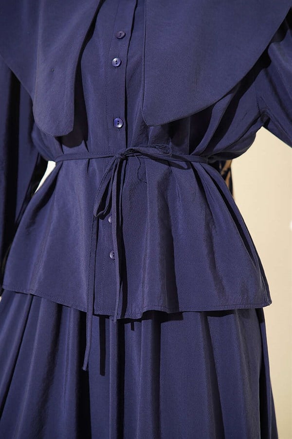 Navy Blue Sailor Collar Tencel Skirt 2 Piece Set with Drawstring Belt