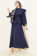 Navy Blue Sailor Collar Tencel Skirt 2 Piece Set with Drawstring Belt