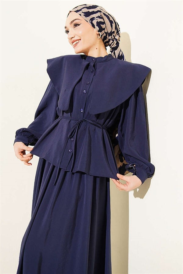 Navy Blue Sailor Collar Tencel Skirt 2 Piece Set with Drawstring Belt