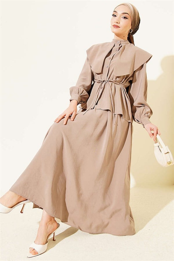 Sailor Collar Set with Tencel Skirt and Drawstring, Mink Color