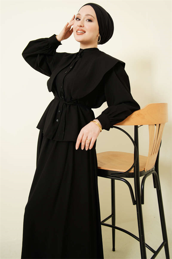 Sailor Collar 2 Piece Set with Tencel Skirt and Drawstring, Black