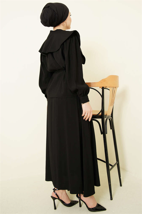 Sailor Collar 2 Piece Set with Tencel Skirt and Drawstring, Black