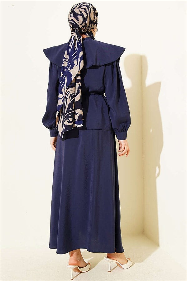 Navy Blue Sailor Collar Tencel Skirt 2 Piece Set with Drawstring Belt