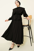 Sailor Collar 2 Piece Set with Tencel Skirt and Drawstring, Black