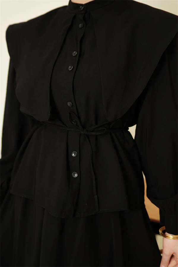 Sailor Collar 2 Piece Set with Tencel Skirt and Drawstring, Black