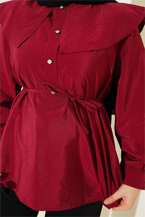 Sailor Collar Tunic with Drawstring Belt, Burgundy