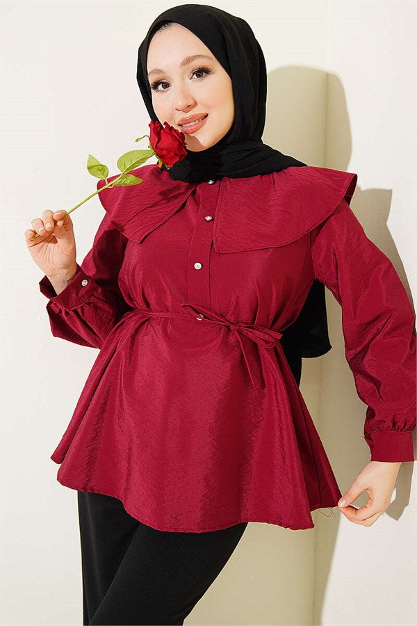 Sailor Collar Tunic with Drawstring Belt, Burgundy