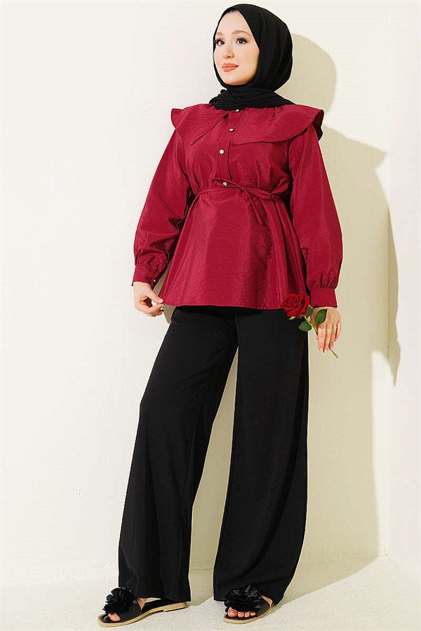 Sailor Collar Tunic with Drawstring Belt, Burgundy