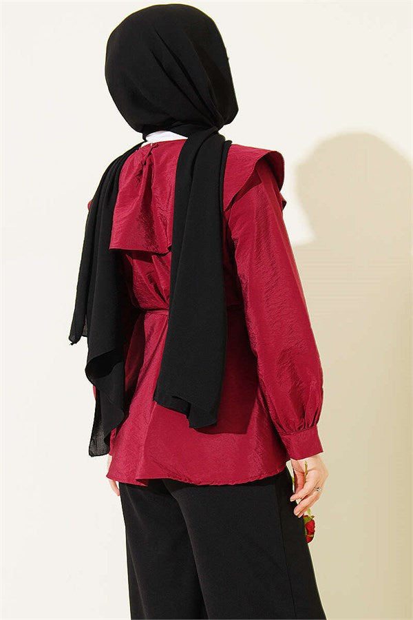 Sailor Collar Tunic with Drawstring Belt, Burgundy