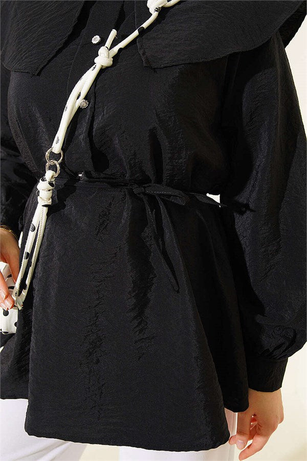 Sailor Collar Tunic with Drawstring, Black