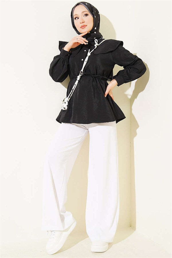 Sailor Collar Tunic with Drawstring, Black