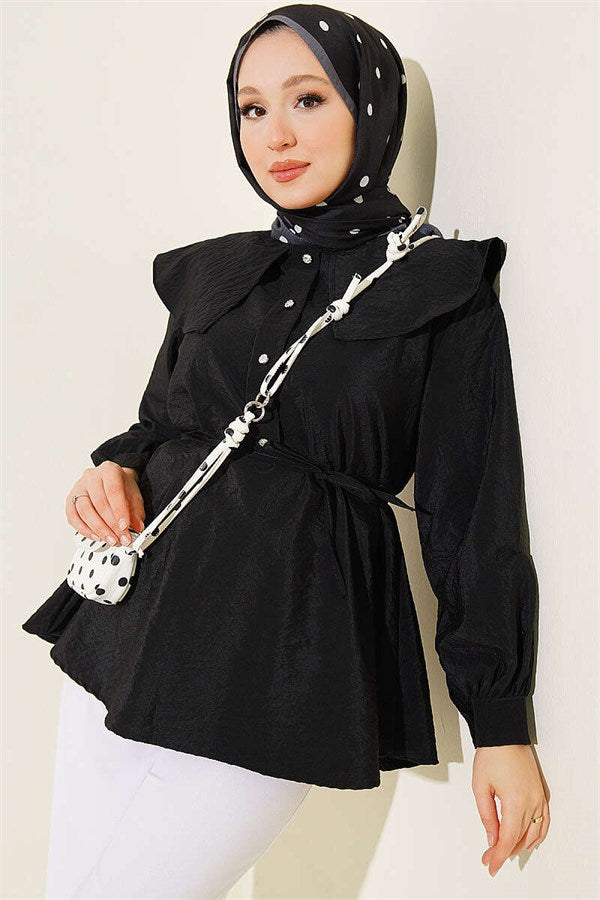 Sailor Collar Tunic with Drawstring, Black