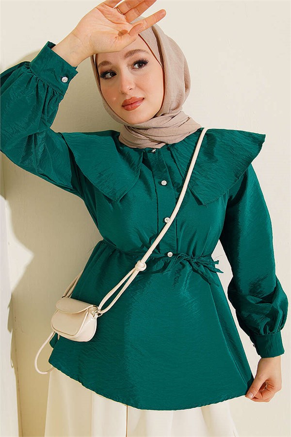 Sailor Collar Tunic with Drawstring, Emerald Green