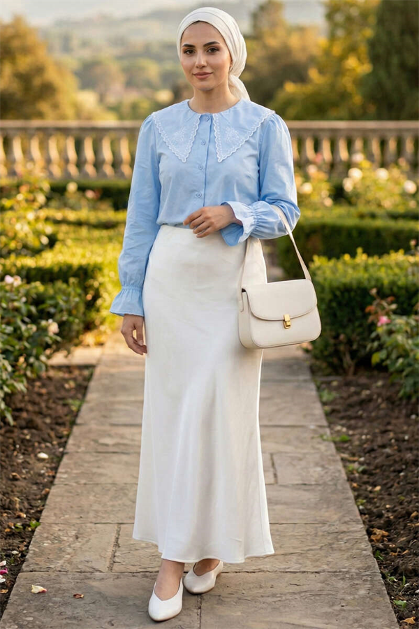 Sailor Collar Embroidered Shirt Baby Blue