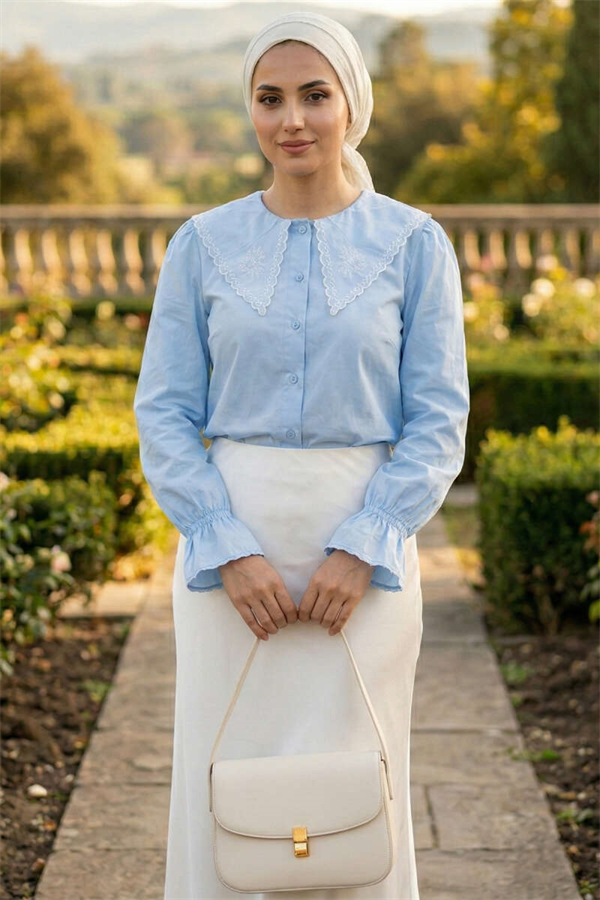 Sailor Collar Embroidered Shirt Baby Blue