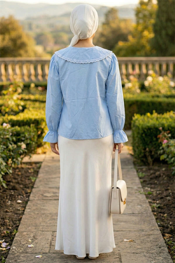 Sailor Collar Embroidered Shirt Baby Blue