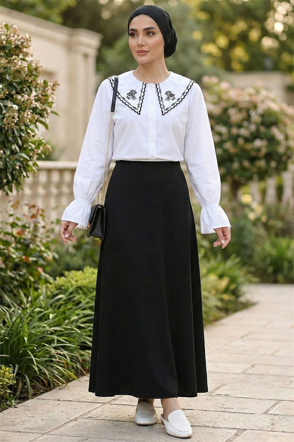 Sailor Collar Embroidered Shirt White