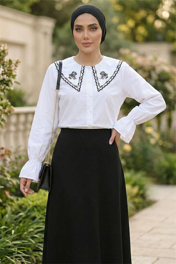 Sailor Collar Embroidered Shirt White