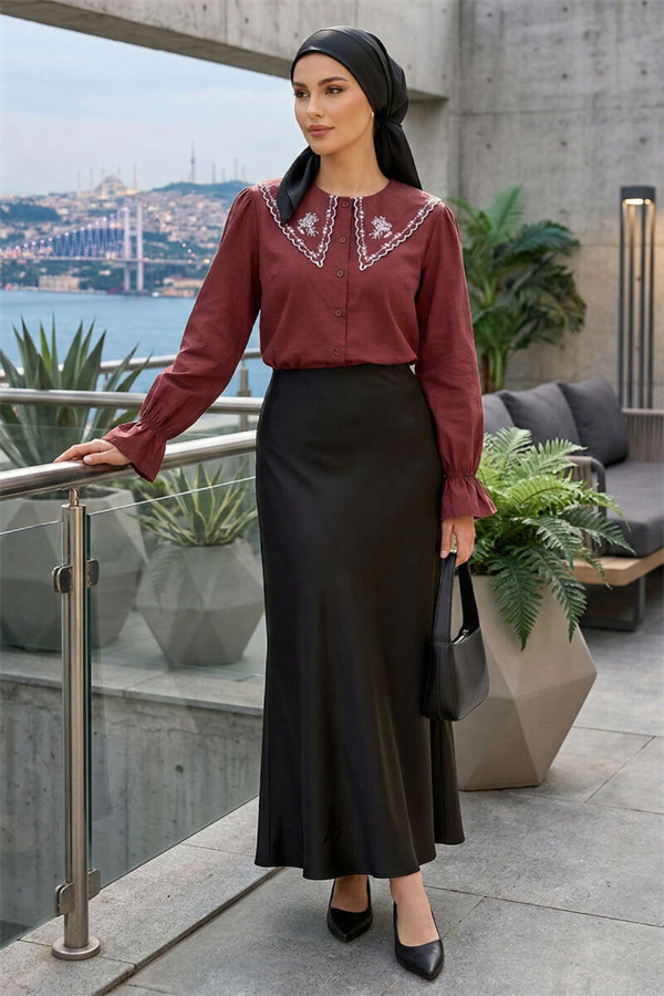 Embroidered Sailor Collar Shirt, Burgundy