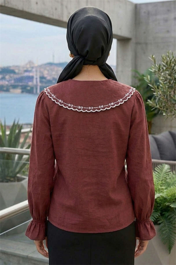 Embroidered Sailor Collar Shirt, Burgundy