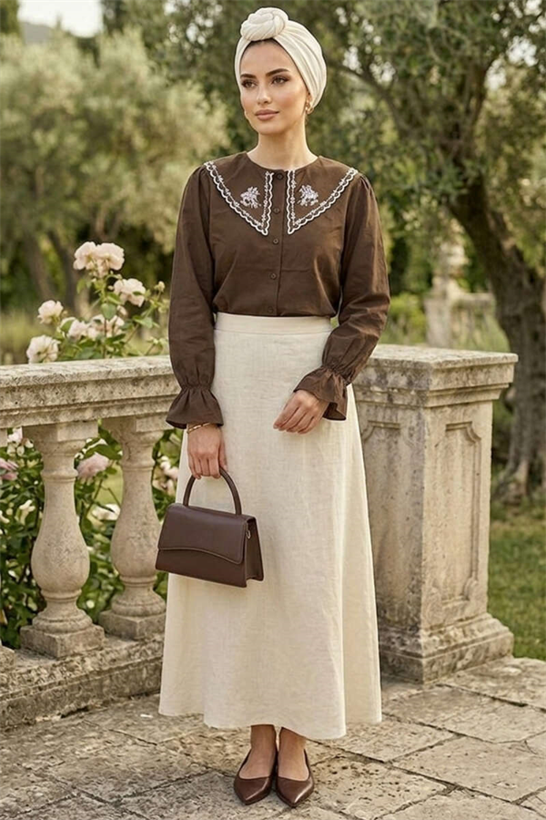 Embroidered Sailor Collar Shirt, Coffee