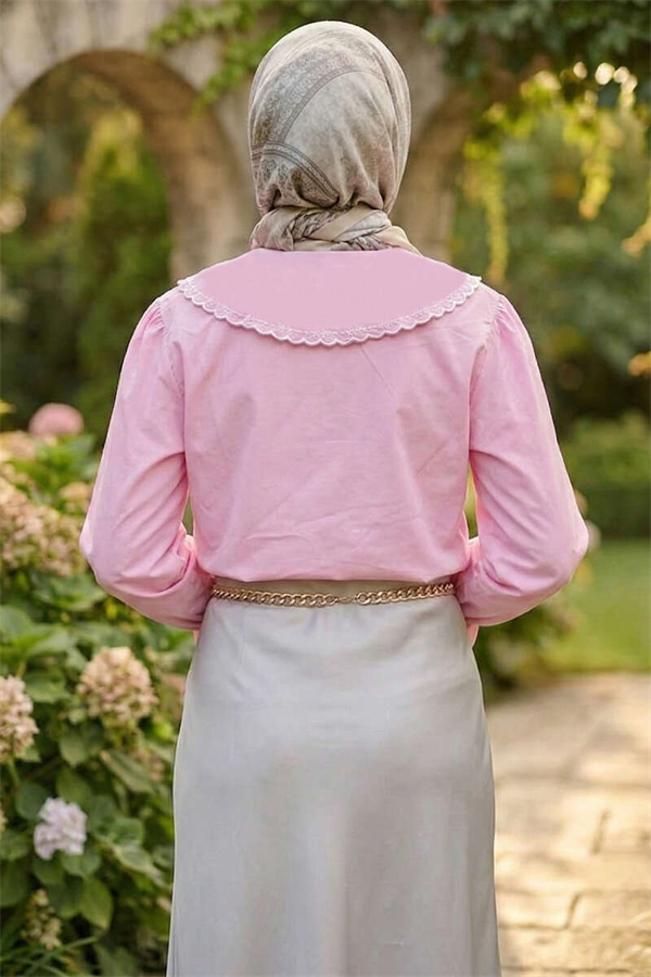 Sailor Collar Embroidered Shirt Pink