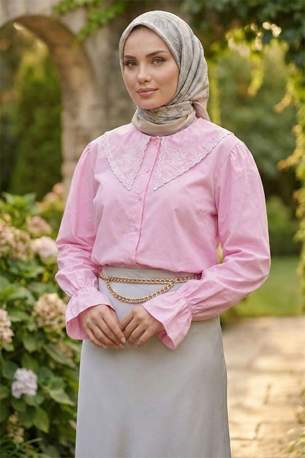 Sailor Collar Embroidered Shirt Pink