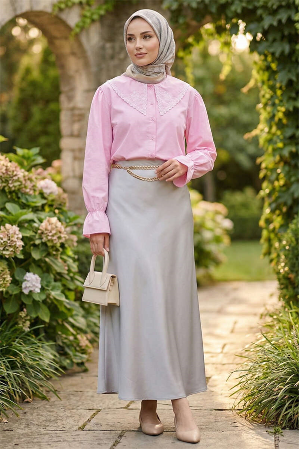 Sailor Collar Embroidered Shirt Pink