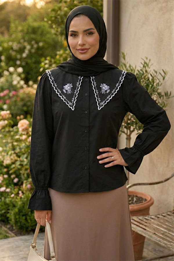 Embroidered Sailor Collar Shirt, Black
