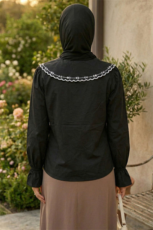Embroidered Sailor Collar Shirt, Black
