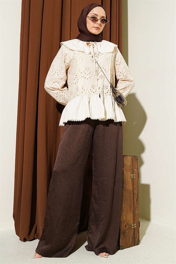 Sailor Collar Embroidered Shirt with Stone Buttons, Beige