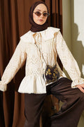 Sailor Collar Embroidered Shirt with Stone Buttons, Beige