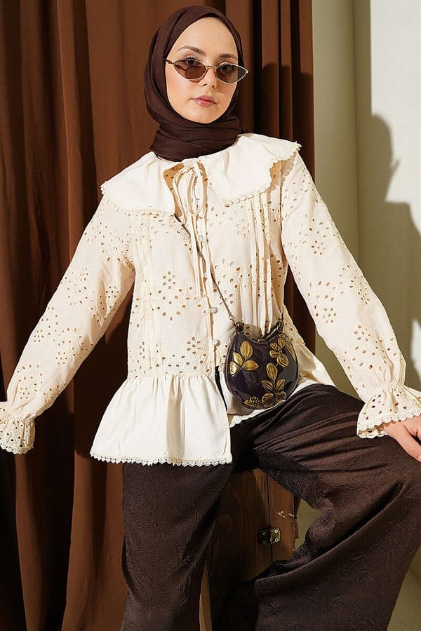 Sailor Collar Embroidered Shirt with Stone Buttons, Beige