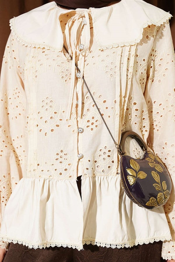 Sailor Collar Embroidered Shirt with Stone Buttons, Beige