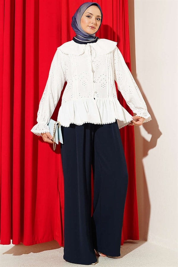 Sailor Collar Embroidered Shirt with Stone Buttons, Ecru