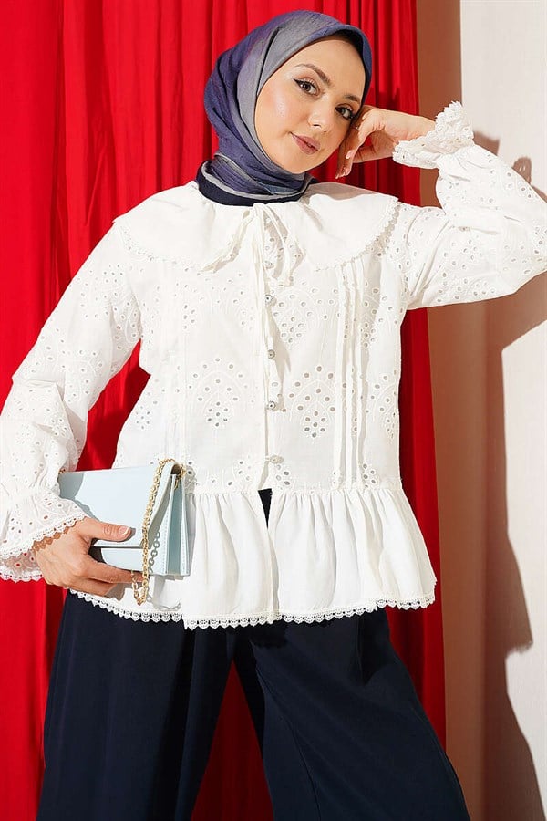 Sailor Collar Embroidered Shirt with Stone Buttons, Ecru