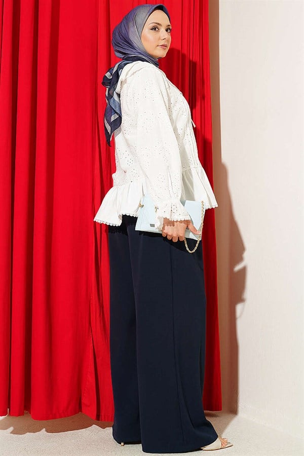Sailor Collar Embroidered Shirt with Stone Buttons, Ecru