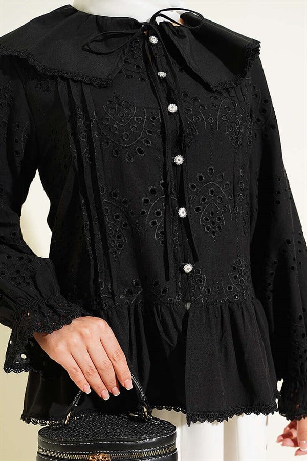 Embroidered Shirt with Sailor Collar and Stone Buttons, Black
