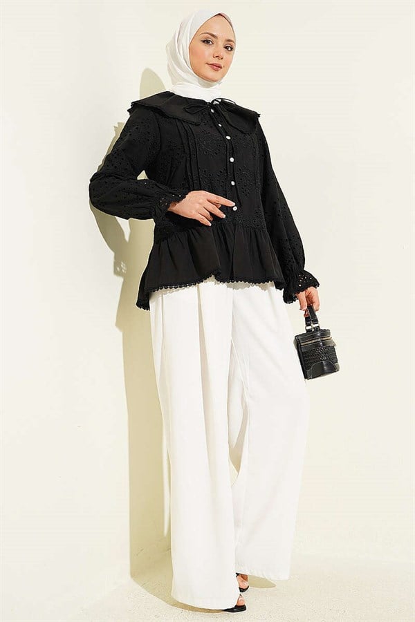 Embroidered Shirt with Sailor Collar and Stone Buttons, Black
