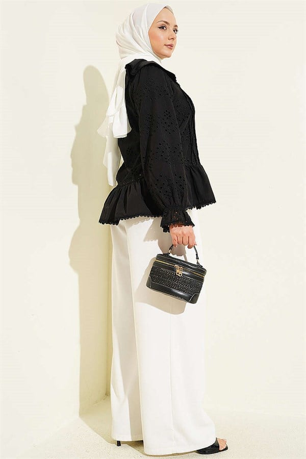 Embroidered Shirt with Sailor Collar and Stone Buttons, Black