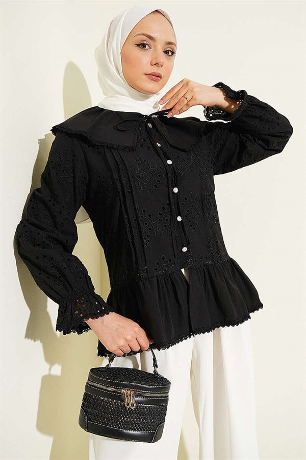 Embroidered Shirt with Sailor Collar and Stone Buttons, Black