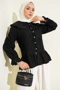 Embroidered Shirt with Sailor Collar and Stone Buttons, Black