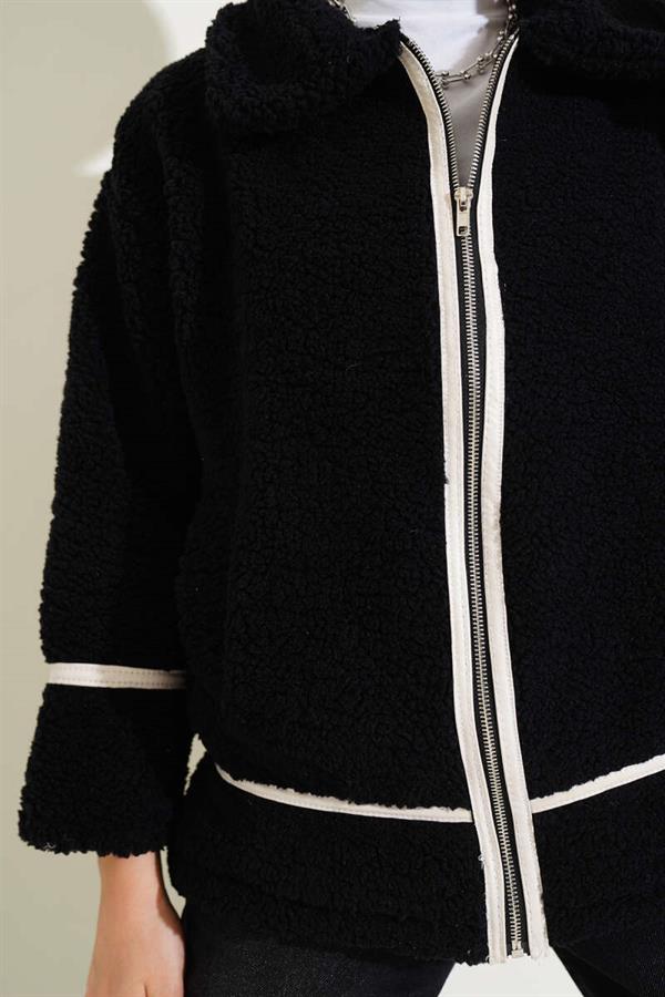 Leather-Binded Zippered Plush Jacket Black