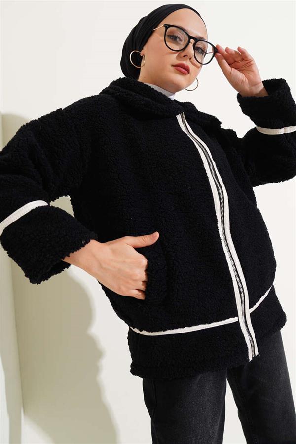 Leather-Binded Zippered Plush Jacket Black