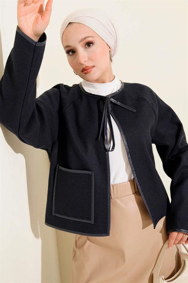 Leather Piping Cashmere Short Jacket Navy Blue